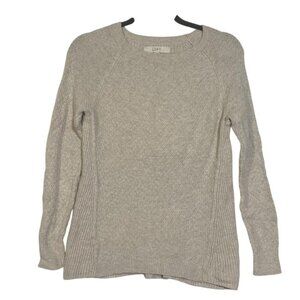 LOFT Crewneck Sweater Cream Long Sleeve Knit Camel Hair Size Small Ribbed Cozy
